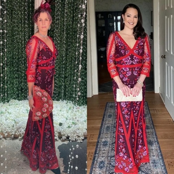 MARCHESA NOTTE Floral Guipure Lace Maxi Dress Gown Wine Sz 2 - Picture 10 of 10